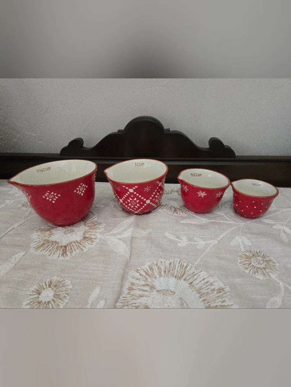 NWOT Red Ceramic Measuring Cup Stacking Set With White Design
